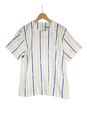 VTG Peter Popovitch Striped Blouse Cream Blue Yellow Linen Blend Med /XL Coastal